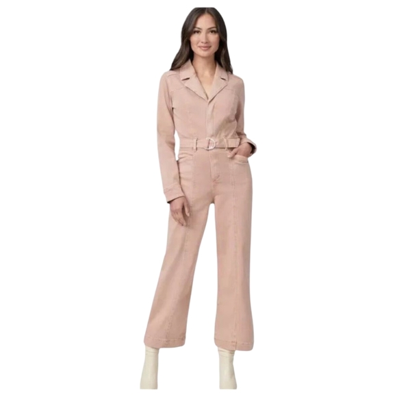 PAIGE Anessa Long Sleeve Jumpsuit Women 4 Pink Wide Leg Crop Belted High Rise - Picture 1 of 12